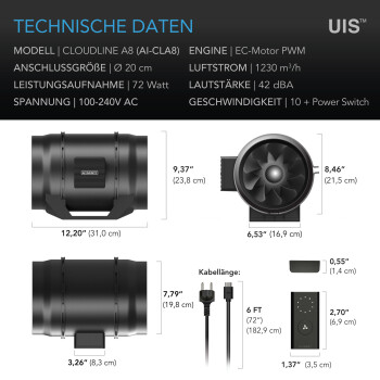 AC Infinity Cloudline A8 Inline-Rohrventilator 1230m³/h ø200 mm mit Drehzahlregler