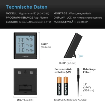 AC Infinity Smart Hygrometer B1 – VPD Klimamesser mit externem Sensor