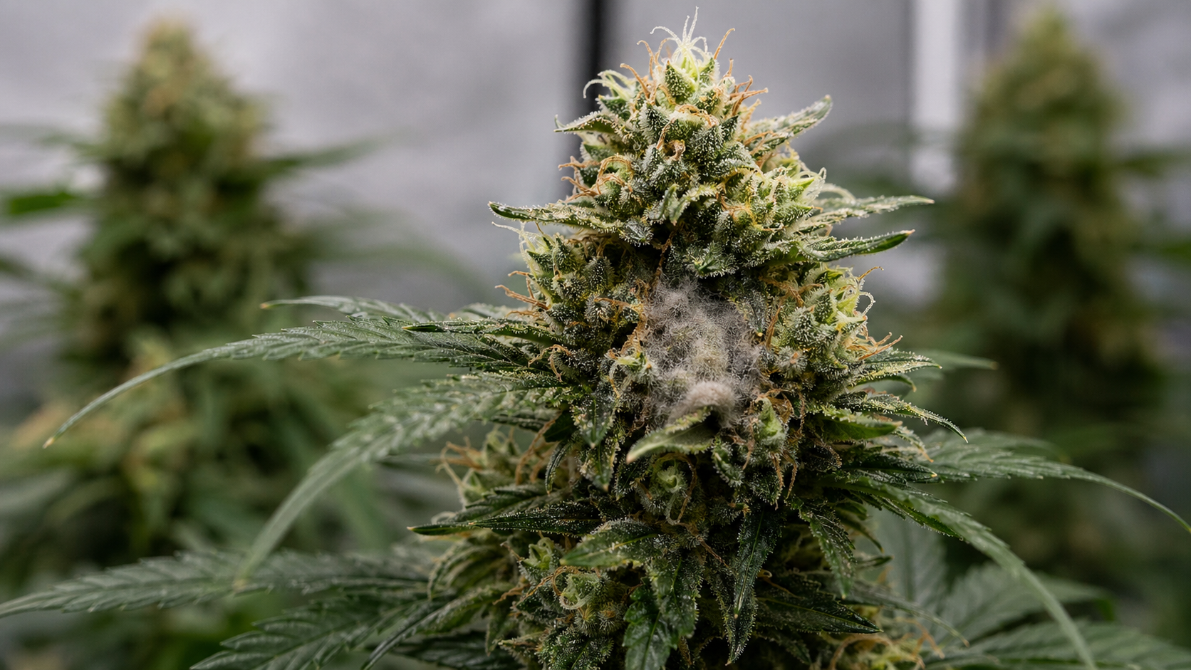 Früher Grauschimmel an einer Cannabis-Blüte als Warnbild